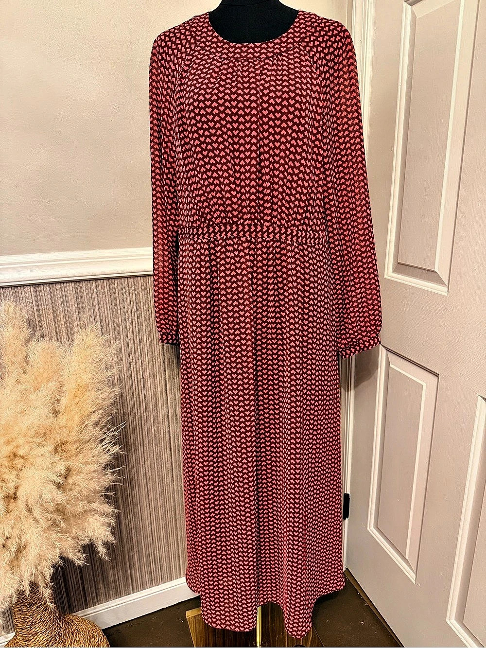 Boden 14L Burgundy Pink Geometric Print Midi Dress Long Sleeve